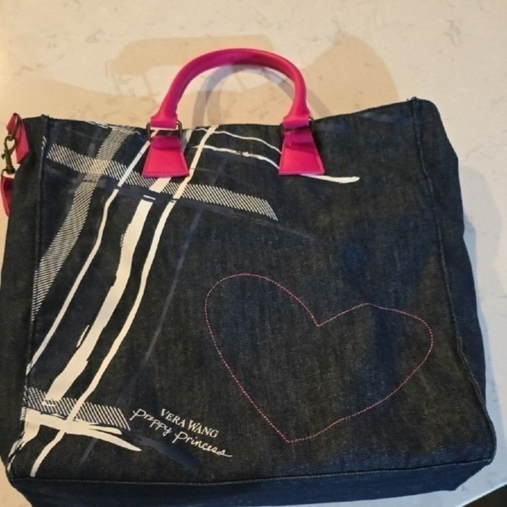 Vera Wang Preppy Princess Denim Tote Bag Pink Heart Crossbody Dark Wash Blue